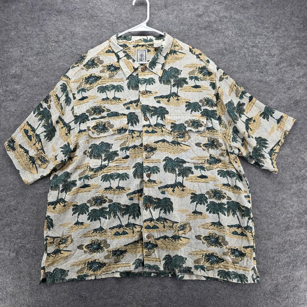 Roundtree & Yorke Shirt Mens XL Beige Palm Tree Hawaiian Rayon Button Front